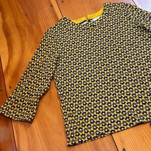 BODEN 10 Yellow/Navy Althea High-Neck Flare Cuff Knit Top Printed